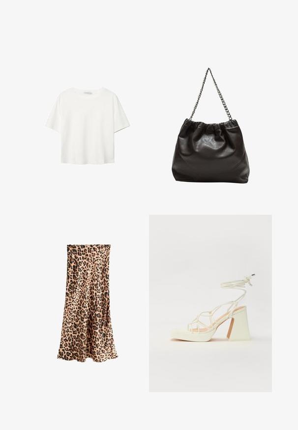Bijela majica kratkih rukava od pamuka. Ima okrugli izrez i opušteni kroj. Glatka tekstura bez vidljivih uzoraka ili naglasaka.; Next PETITE FIT - Velika suknja - leopard; Bijela sandala na visokoj potpetici s debelim petom, s remenom i vezanjem oko gležnja. Glatka tekstura s platformom sprijeda za dodatnu visinu.; Smeđa kožna torba s naboranim vrhom i lančićem za nošenje. Glatka tekstura s sjajnim završetkom i suptilnim šavnim detaljima sa strane.