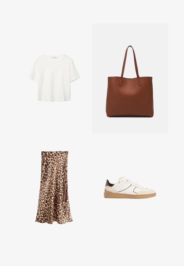 Hvid kortærmet t-shirt lavet af bomuld. Har en rund halsudskæring og en afslappet pasform. Glat tekstur uden synlige mønstre eller detaljer.; Next PETITE FIT - Maxinederdele - leopard; Stradivarius Sneakers - white; Brun læder tote taske med en glat overflade, åben topdesign og to skulderremme. Har minimal syning og ingen synlig hardware.