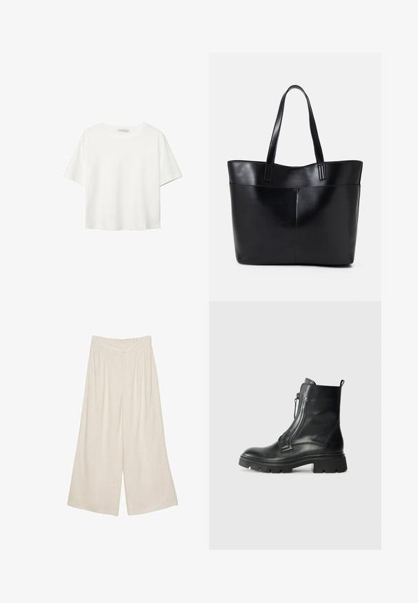 T-shirt blanc à manches courtes en coton. Doté d'un col ras du cou et d'une coupe décontractée. Texture lisse sans motifs ni accents visibles.; Pantalons large en lin de couleur beige clair avec un design plissé et une taille élastique pour plus de confort et de facilité d'enfilage.; Bottine en cuir noir avec une semelle en caoutchouc épaisse, fermeture éclair sur le côté, texture lisse et bout légèrement arrondi. Design minimaliste sans motifs.; Sac fourre-tout en cuir noir avec deux longues poignées, une texture lisse et une forme structurée. Dispose d'une poche avant pour un rangement supplémentaire.