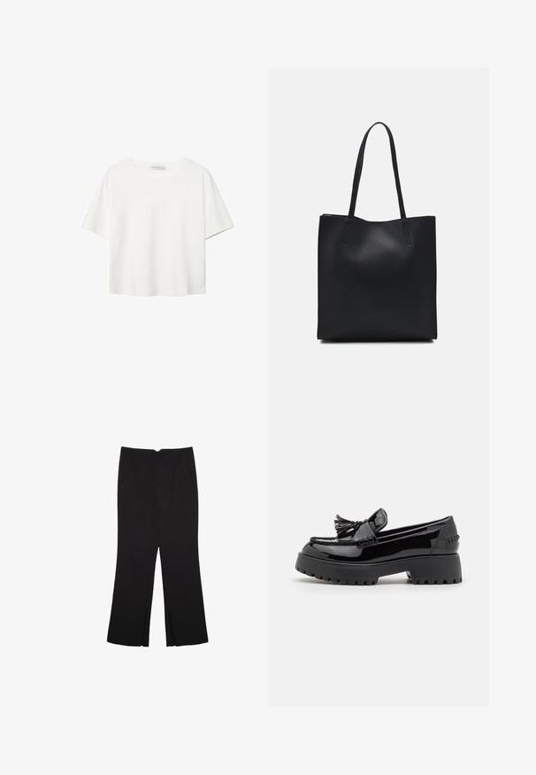 Weißes T-Shirt mit kurzen Ärmeln aus Baumwolle. Hat einen Rundhalsausschnitt und eine lockere Passform. Glatte Textur ohne sichtbare Muster oder Akzente.; Schwarze Hose mit geradem Schnitt, ausgestattet mit Fronttaschen und Seitenschlitzen am Saum. Hergestellt aus weichem, glattem Stoff. Geeignet für verschiedene Anlässe.; Schwarze Lackleder-Slipper mit dicker Sohle, ausgestattet mit einem dekorativen Fransen und geflochtenen Details im Obermaterial. Glatte Textur im gesamten Schuh.; Schwarze Laptoptasche aus Leder mit glatter Textur, rechteckiger Form und zwei langen Griffen. Keine sichtbaren Beschläge oder Verzierungen.