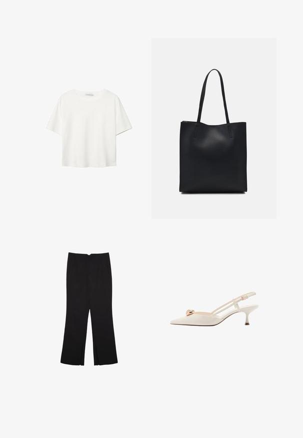 T-shirt blanc à manches courtes en coton. Doté d'un col ras du cou et d'une coupe décontractée. Texture lisse sans motifs ni accents visibles.; Pantalon noir avec une coupe droite, doté de poches avant et d'éclairs sur l'ourlet. Fabriqué en tissu doux et lisse. Convient à diverses occasions.; Chaussure slingback de couleur crème avec un bout pointu, de fines brides et un accent doré sur le devant. Présente un talon bas et étroit.; Sac fourre-tout en cuir noir avec une texture lisse, de forme rectangulaire et deux longues poignées. Pas de matériel ou d'ornementations visibles.