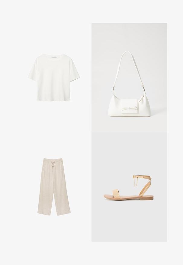 Biała koszulka z krótkim rękawem, wykonana z bawełny. Posiada okrągły dekolt i luźny krój. Gładka faktura bez widocznych wzorów czy akcentów.; Beżowe lniane spodnie szerokie w nogawkach, z elastycznym paskiem, dwiema bocznymi kieszeniami oraz lekko teksturowanym materiałem zapewniającym oddychalność i komfort.; Beżowe płaskie sandały z jedną szeroką paskiem, zapięciem na kostkę i dekoracyjnym łańcuchem. Gładka skórzopodobna tekstura i płaska podeszwa.; Biała syntetyczna torba o trójkątnym kształcie, płaskim przednim klapce i detalach w postaci kokardy, regulowanym pasku, gładkiej fakturze oraz minimalistycznym designie.