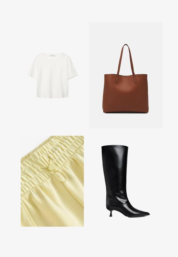 T-shirt bianco a maniche corte realizzato in cotone. Presenta un collo tondo e una vestibilità rilassata. Texture liscia senza motivi o dettagli visibili.; Pantaloni corti con cintura elastica gialla, texture arricciata, cordino regolabile e tessuto liscio. Design semplice senza motivi o accenti.; Stivale nero in pelle, alto fino al ginocchio, con punta affusolata, silhouette slim e tacco basso a blocco, con una finitura lucida.; Borsa tote in pelle marrone con texture liscia, design con apertura superiore e due spallacci. Presenta cuciture minime e nessun hardware visibile.
