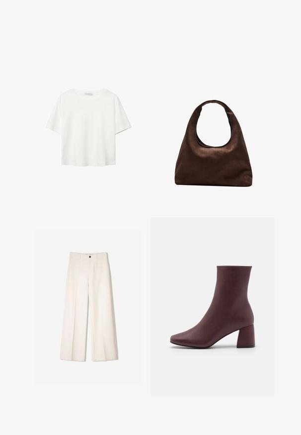 Bijela majica kratkih rukava od pamuka. Ima okrugli izrez i opušteni kroj. Glatka tekstura bez vidljivih uzoraka ili naglasaka.; Kreme hlače širokih nogavica s krojem koji je prilagođen, s dva prednja džepa i jednim prednjim zatvaranjem na gumb, izrađene od glatkog materijala.; ONLY SHOES ONLBRIELLE - Gležnjače - dark red; Meka mekana smeđa torba hobo stila s jednim širokim remenom i zakrivljenim otvaranjem na vrhu, prikazana na bijeloj pozadini.
