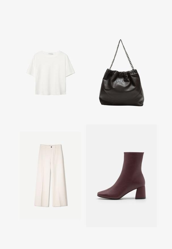 Weißes T-Shirt mit kurzen Ärmeln aus Baumwolle. Hat einen Rundhalsausschnitt und eine lockere Passform. Glatte Textur ohne sichtbare Muster oder Akzente.; Cremfarbene weitem Hosen mit maßgeschneidertem Design, ausgestattet mit zwei vorderen Taschen und einem vorderen Knopfverschluss, aus glattem Stoff gefertigt.; ONLY SHOES ONLBRIELLE - Ankle Boot - dark red; Braune Lederhandtasche mit gerafftem Oberteil und Kettenriemen. Glatte Textur mit glänzendem Finish und subtilen Nahtdetails an den Seiten.