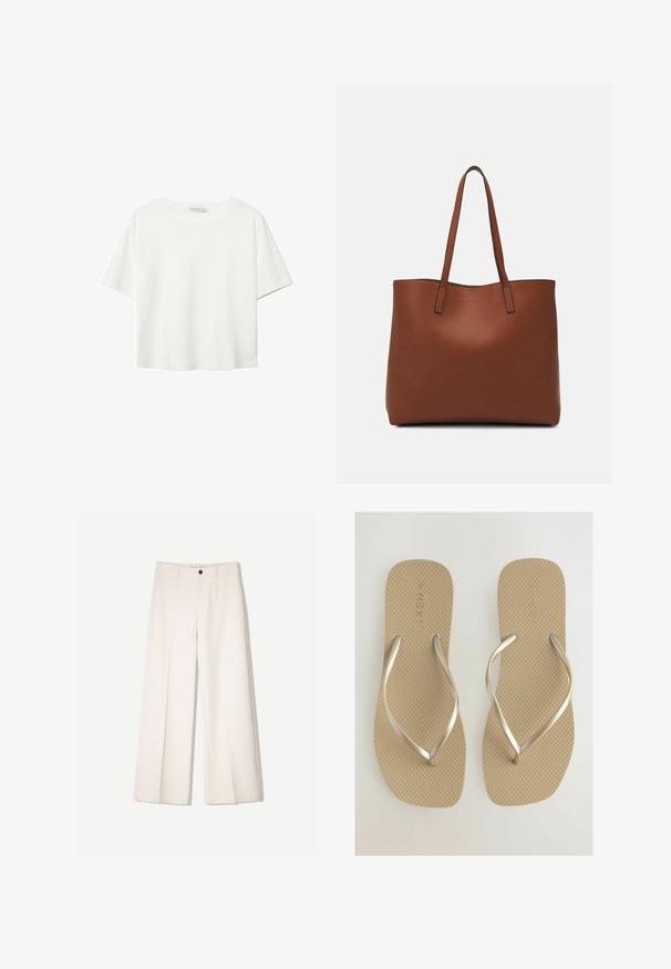 Biela krátkopsová tričko vyrobené z bavlny. Má okrúhly výstrih a voľný strih. Hladká textúra bez viditeľných vzorov alebo akcentov.; Krémové široké nohavice s nohavicami na mieru, s dvoma prednými vreckami a jedným predným zapínaním na gombík, vyrobené z hladkej tkaniny.; Béžové šľapky s textúrovanou podrážkou a kovovými strapkami v striebornej farbe. Jednoduchý dizajn, s plochou a širokou chodidlovou časťou pre pohodlie.; Hnedá kožená taška na rameno s hladkou textúrou, otvoreným vrchom a dvoma ramenými popruhmi. Má minimálne šitia a žiadne viditeľné kovania.