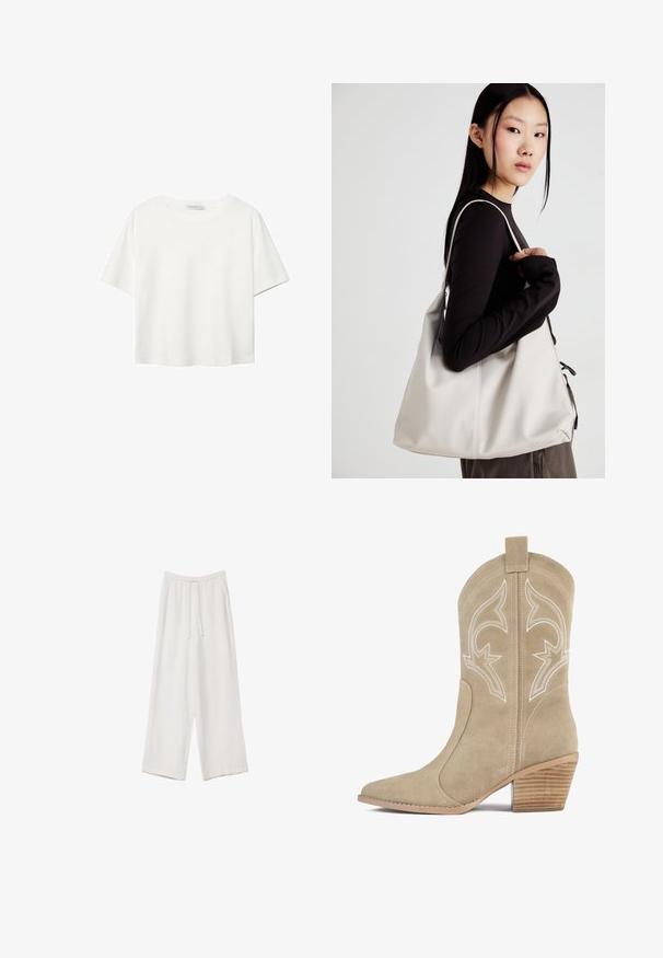 Hvid kortærmet t-shirt lavet af bomuld. Har en rund halsudskæring og en afslappet pasform. Glat tekstur uden synlige mønstre eller detaljer.; Hvide bukser med bred benlængde lavet af et letvægtsstof. Har et elastisk talje med snor og sidelommer. Glat tekstur.; Beige ruskind cowboystøvle med spids tå, dekorativ hvid sying og stablet træhæle. Har en trækflap bagpå.; Beige håndtaske lavet af blødt materiale med et slouchy design, stikninger og to skulderremme. Velegnet til daglig brug.