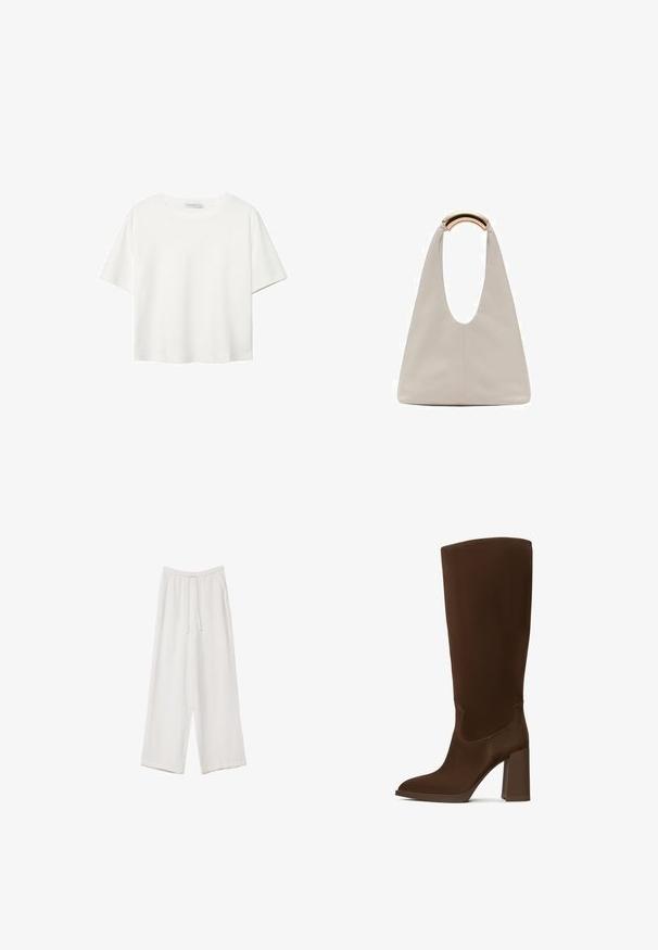 Bijela majica kratkih rukava od pamuka. Ima okrugli izrez i opušteni kroj. Glatka tekstura bez vidljivih uzoraka ili naglasaka.; Bijele hlače širokih nogavica napravljene od lagane tkanine. Imaju elastičan pojas s ušicom i bočne džepove. Glatka tekstura.; Smeđi čizmi do koljena izrađeni od glatkog materijala, s oštrim vrhom i četvrtastim potplatom. Šavovi naglašavaju elegantan dizajn.; Svijetlosivi kožni torba s oblikom u slovo U i zakrivljenim metalnim drškom. Glatka tekstura s minimalnim šavovima i bez vidljivih uzoraka.