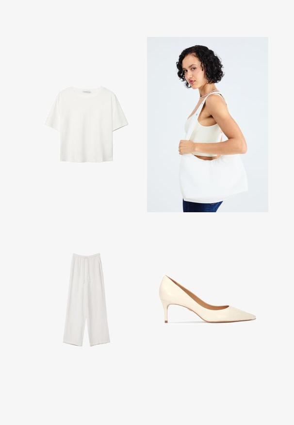 Bílý krátký rukáv tričko vyrobené z bavlny. Má kulatý výstřih a volný střih. Hladký materiál bez viditelných vzorů nebo akcentů.; Bílé široké kalhoty vyrobené z lehké tkaniny. Mají elastický pas se šňůrkou a boční kapsy. Hladká textura.; Krémové kožené lodičky s špičatou špičkou, lesklým povrchem a štíhlým, středně vysokým podpatkem. Interiér má měkkou podšívku pro pohodlí.; Bílá kabelka přes rameno vyrobená z hladkého materiálu, s oválným výřezem a širokým designem popruhu. Jednoduchá a moderní, bez viditelného hardwaru.