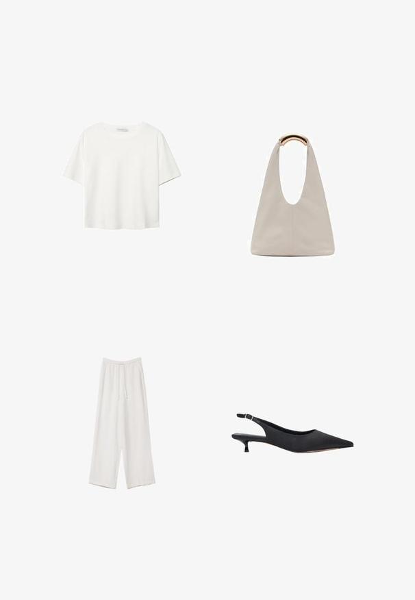 Biała koszulka z krótkim rękawem, wykonana z bawełny. Posiada okrągły dekolt i luźny krój. Gładka faktura bez widocznych wzorów czy akcentów.; Białe spodnie o szerokich nogawkach wykonane z lekkiego materiału. Posiadają elastyczny pas z sznurkiem i boczne kieszenie. Gładka tekstura.; Czarny but typu slingback z ostrym noskiem, wykonany z gładkiej tkaniny, z cienkim obcasem typu kitten heel oraz regulowanym paskiem.; Jasnoszara skórzana torba o kształcie litery U z zakrzywionym metalowym uchwytem. Gładka tekstura z minimalnymi szwami i bez widocznych wzorów.