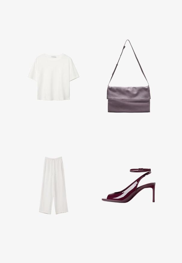 Weißes T-Shirt mit kurzen Ärmeln aus Baumwolle. Hat einen Rundhalsausschnitt und eine lockere Passform. Glatte Textur ohne sichtbare Muster oder Akzente.; Weiße weit geschnittene Hose aus leichtem Stoff. Mit einem elastischen Bund und Kordelzug sowie Seitentaschen. Glatte Textur.; Burgunderfarbene Lackleder-Peeptoe-Highheelsandale mit Knöchelriemen und schlanker Silhouette. Der glänzende Finish verstärkt die visuelle Anziehung.; Graue Leder-Crossbody-Tasche mit Klappenverschluss, ausgestattet mit einer vorderen Reißverschlusstasche und einem verstellbaren Gurt für zusätzlichen Komfort.