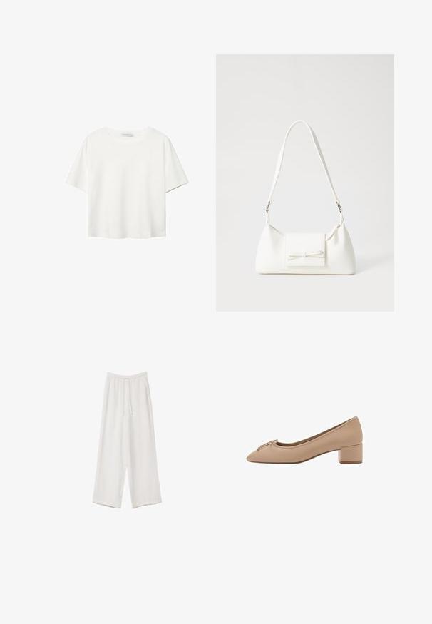 Hvid kortærmet t-shirt lavet af bomuld. Har en rund halsudskæring og en afslappet pasform. Glat tekstur uden synlige mønstre eller detaljer.; Hvide bukser med bred benlængde lavet af et letvægtsstof. Har et elastisk talje med snor og sidelommer. Glat tekstur.; Beige læderpumps med spids tå, små sløjfedetaljer foran og en kvadratisk lav hæl. Glat tekstur med minimal syning.; Hvid syntetisk håndtaske med en trekantet form, flad forsideklap og sløjfedetalje, justerbar strop, glat tekstur og minimalistisk design.