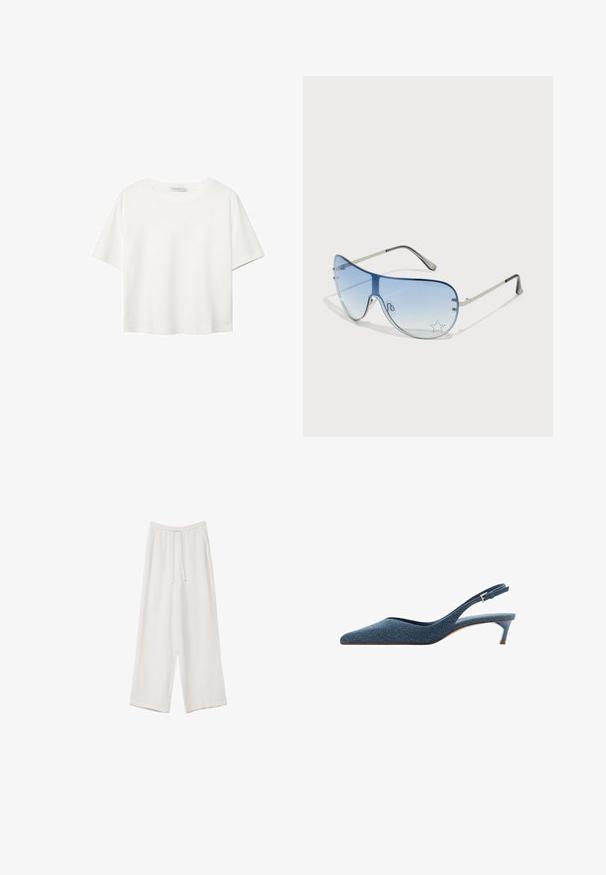 Biela krátkopsová tričko vyrobené z bavlny. Má okrúhly výstrih a voľný strih. Hladká textúra bez viditeľných vzorov alebo akcentov.; Biele široké nohavice vyrobené z ľahkej tkaniny. Obsahujú elastický pás so sťahovacou šnúrkou a bočné vrecká. Hladká textúra.; Jeansové slingback podpätky s špicatou špičkou a nízkym, štíhlym podpätkom. Vlastnosti obsahujú textilnú tkaninu v tmavomodrej farbe a elegantný, štíhly dizajn.; Pilotné slnečné okuliare s prechodovým modrým sklom, strieborným kovovým rámom a ozdobnými hviezdičkovými akcentmi na sklách. Hladký a elegantný dizajn.