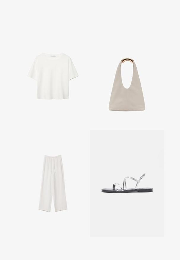 Biela krátkopsová tričko vyrobené z bavlny. Má okrúhly výstrih a voľný strih. Hladká textúra bez viditeľných vzorov alebo akcentov.; Biele široké nohavice vyrobené z ľahkej tkaniny. Obsahujú elastický pás so sťahovacou šnúrkou a bočné vrecká. Hladká textúra.; Strieborné sandále na plochom čiernom podošve s tenkými kovovými remienkami a nastaviteľným sponou na členku. Hladká textúra po celom povrchu.; Svetlosivá kožená taška s U-tvarom a zakrivenou kovovou rukoväťou. Hladký povrch s minimálnym prešívaním a bez viditeľných vzorov.