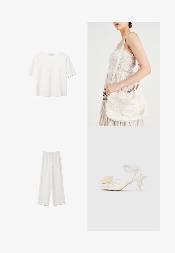 Bijela majica kratkih rukava od pamuka. Ima okrugli izrez i opušteni kroj. Glatka tekstura bez vidljivih uzoraka ili naglasaka.; Bijele hlače širokih nogavica napravljene od lagane tkanine. Imaju elastičan pojas s ušicom i bočne džepove. Glatka tekstura.; Bijela sandala na visokoj potpetici s otvorenim prstima. Ima dekorativni akcent u obliku žutog latica i vitki dizajn narukvice oko gležnja.; Bijela platnena torba s naramenicom, nabranom teksturom, podesivom trakom i srebrnim hardverom. Prikazana uz krem haljinu.