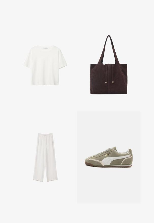 Biała koszulka z krótkim rękawem, wykonana z bawełny. Posiada okrągły dekolt i luźny krój. Gładka faktura bez widocznych wzorów czy akcentów.; Białe spodnie o szerokich nogawkach wykonane z lekkiego materiału. Posiadają elastyczny pas z sznurkiem i boczne kieszenie. Gładka tekstura.; Zielone zamszowe sneakersy z białymi skórzanymi akcentami, teksturowanym przeszyciem, sznurowanym przodem oraz gumową podeszwą. Posiadają unikalne detale wzornicze po bokach.; Mango - Torba na zakupy