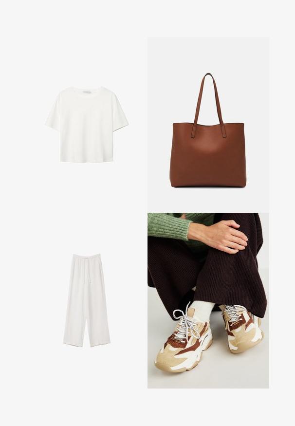 White short-sleeve t-shirt made of cotton. Features a crew neckline and a relaxed fit. Smooth texture with no visible patterns or accents.; White wide-leg trousers made from a lightweight fabric. Features an elastic waistband with a drawstring and side pockets. Smooth texture.; Steve Madden POSSESSIONE - Trainers - brown/sand; Brown leather tote bag with a smooth texture, open top design, and two shoulder straps. Features minimal stitching and no visible hardware.