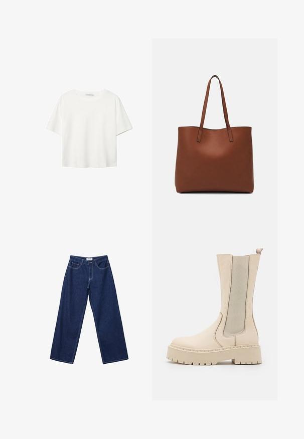 T-shirt bianco a maniche corte realizzato in cotone. Presenta un collo tondo e una vestibilità rilassata. Texture liscia senza motivi o dettagli visibili.; Jeans in denim blu scuro a gamba larga con chiusura a bottone, cinque tasche e cuciture bianche a contrasto. Il tessuto ha una finitura liscia e leggermente texturizzata.; Stivaletti beige che presentano un corpo in pelle texturizzata, pannelli laterali elastici e una suola con piattaforma spessa dotata di un design a battistrada robusto.; Borsa tote in pelle marrone con texture liscia, design con apertura superiore e due spallacci. Presenta cuciture minime e nessun hardware visibile.