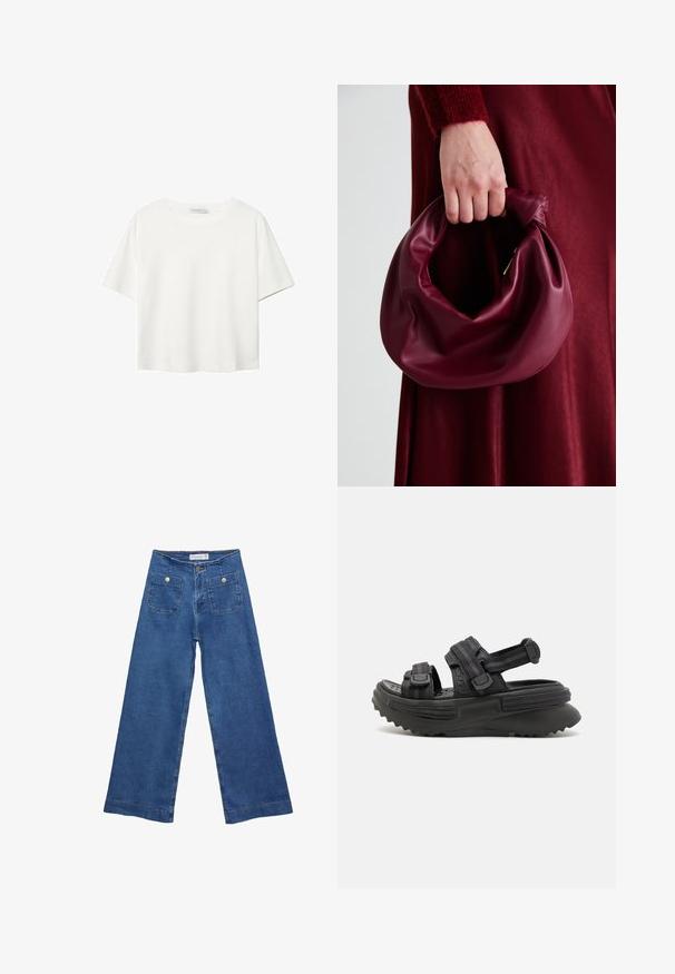 Biela krátkopsová tričko vyrobené z bavlny. Má okrúhly výstrih a voľný strih. Hladká textúra bez viditeľných vzorov alebo akcentov.; Džínsy s širokými nohavicami v stredne modrej farbe, s dvoma prednými vreckami na gombíkovné zapínanie a šitými detailmi pozdĺž lemov.; Čierne platformové sandále s nastaviteľnými popruhmi, gumová podrážka s ostrým dezénom a textilný materiál pre pohodlie a podporu.; Burgundská kožená kabelka s mäkkým, zhromaždeným dizajnom a zaobleným tvarom. Rukoväť je pevne zaisťujúca a vystavuje hladkú textúru.