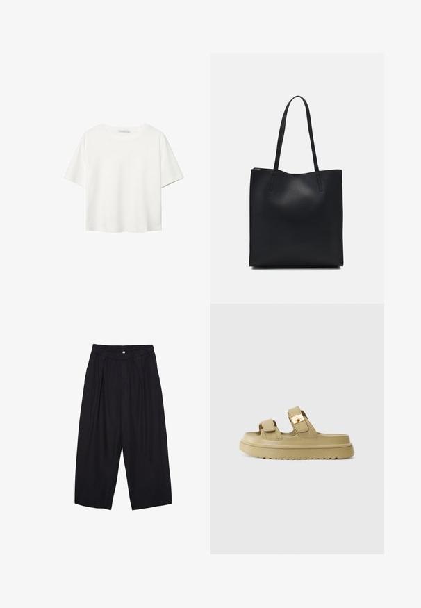Biela krátkopsová tričko vyrobené z bavlny. Má okrúhly výstrih a voľný strih. Hladká textúra bez viditeľných vzorov alebo akcentov.; Čierne polyesterové culotte nohavice s elastickým pásom, dvoma prednými záhybmi a voľným strihom. Žiadne viditeľné vzory ani detaily z kovu.; Béžové šľapky s dvoma nastaviteľnými popruhmi a zlatou sponou. Vyrobené z hladkého syntetického materiálu. Textúrovaná gumová podrážka.; Čierna kožená taška na rameno s hladkým povrchom, obdĺžnikovým tvarom a dvoma dlhými uchami. Bez viditeľného kovania alebo ozdôb.