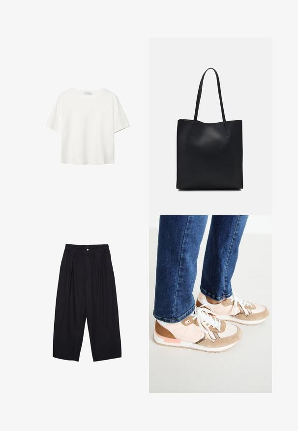 Bijela majica kratkih rukava od pamuka. Ima okrugli izrez i opušteni kroj. Glatka tekstura bez vidljivih uzoraka ili naglasaka.; Crne poliester hlače culotte s elastičnim pojasom, dva prednja nabora i širokim krojem. Nema vidljivih uzoraka ili metalnih detalja.; Tenisice s kombinacijom kože u boji blijede ružičaste i bež suède, s bijelim vezicama, bijelim međuslojem i teksturiranim gumiranim potplatima. Traperice su blago skraćene iznad obuće.; Crna kožna torba za nošenje s glatkom teksturom, pravokutnim oblikom i dvije duge ručke. Nema vidljivih metalnih dijelova ili ukrasa.