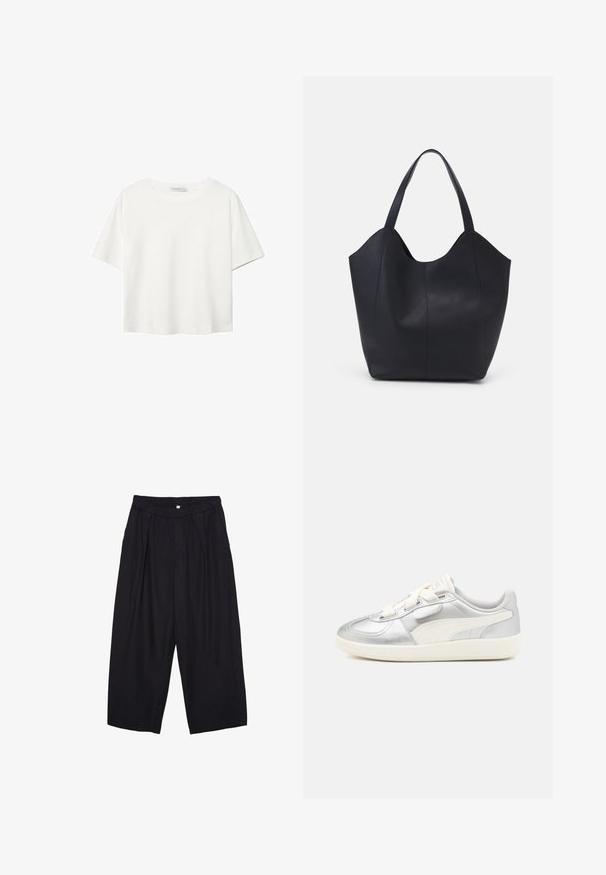 Bela kratka majica s kratkimi rokavi iz bombaža. Ima okroglo izrezovanje in sproščen kroj. Gladka tekstura brez vidnih vzorcev ali poudarkov.; Črne poliesterske culotte hlače z elastičnim pasom, dvema sprednjima nabiranjema in ohlapnim krojem. Brez vidnih vzorcev ali kovinskih detajlov.; Srebrni metalik tenisice imajo bele poudarke, gladek sintetični zgornji del, vezalni sprednji del in strukturiran gumijast podplat. PUMA logo na strani.; Črna torba v obliki tote iz gladke usnjene površine, ki ima ukrivljen odprt vrh z dvema naramnicama in minimalističnim dizajnom.