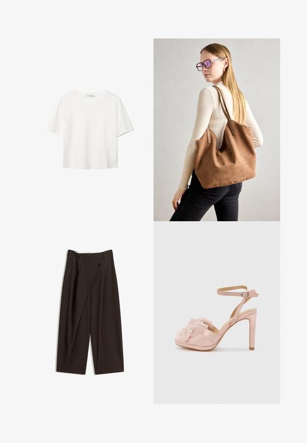 Bílý krátký rukáv tričko vyrobené z bavlny. Má kulatý výstřih a volný střih. Hladký materiál bez viditelných vzorů nebo akcentů.; Tmavě hnědé široké kalhoty s vysokým pasem, vybavené jedním tlačítkem na zapínání a plisovaným předním dílem. Vyrobené z lehkého materiálu.; Světle růžové saténové sandály na vysokém podpatku s volánkovým detailem z tylu zdobené umělými perlami, s kotníkovým páskem a otevřenou špičkou.; Hnědá semišová taška přes rameno se soft-touch texturou, velkým otvorem a dlouhými popruhy. Disponuje jednoduchým designem s viditelným šitím a bez kovových prvků.