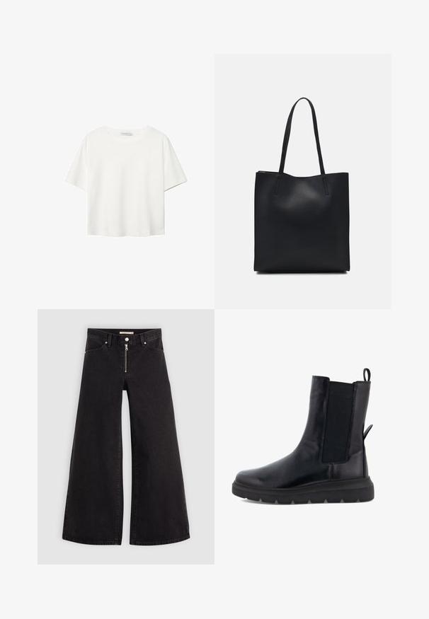T-shirt bianco a maniche corte realizzato in cotone. Presenta un collo tondo e una vestibilità rilassata. Texture liscia senza motivi o dettagli visibili.; Jeans a gamba larga in denim nero con chiusura a zip, design a cinque tasche e dettagli di cucitura sottili. Texture morbida e stile casual.; Stivaletto nero realizzato in pelle liscia con pannelli elasticizzati sui lati, un tassello sul retro e una suola in gomma spessa.; Borsa tote in pelle nera con texture liscia, forma rettangolare e due manici lunghi. Nessun hardware o decorazione visibile.