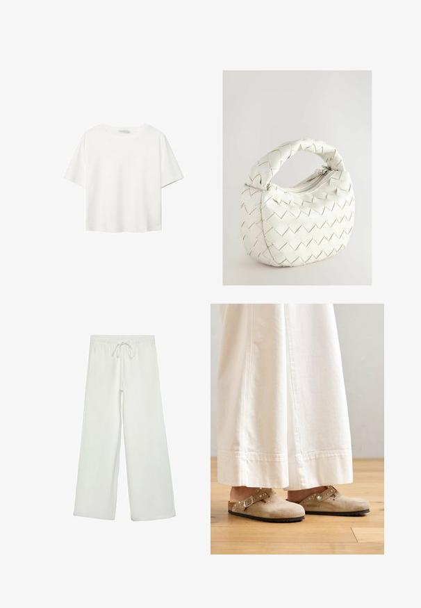 Hvid kortærmet t-shirt lavet af bomuld. Har en rund halsudskæring og en afslappet pasform. Glat tekstur uden synlige mønstre eller detaljer.; Hvide bukser med bred ejer lavet af blødt stof. Har en elastisk talje med snor og en glat tekstur. Ingen synlige mønstre eller hardware.; Beige ruskinds clogs med en spænde og nikkede accenter, iført med hvide brede bukser, sat på et trægulv.; Hvid flettet håndtaske med et rundt håndtag, der har en lynlåslukning og en polstret tekstur. Glat finish og geometrisk mønster på overfladen.