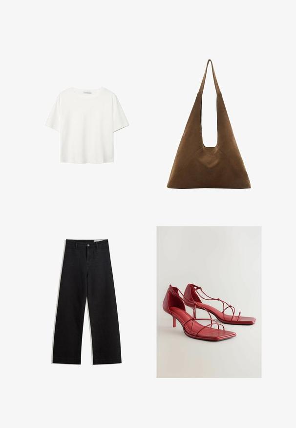 Valkoinen lyhythihainen T-paita, joka on tehty puuvillasta. Siinä on pyöreä kaula-aukko ja rento malli. Silkkinen pinta ilman näkyviä kuvioita tai koristeita.; Mustat leveät farkut korkealla vyötäröllä, joissa on etu- ja takataskut, ommellut saumat ja nappisuljenta. Silkinoinen rakenne.; Punaiset nahkaiset korkokengät, joissa on neliönmuotoiset kärjet, useita ohuita hihnoja jalan yli ja säädettävä nilkkahihna. Teksturoitu pohja.; Ruskea mokkakangasta valmistettu olkalaukku, jossa on kolmion muotoinen muotoilu, pitkät olkahihnat ja suuri avoin yläpinta, jossa on leikattu kantokahva.