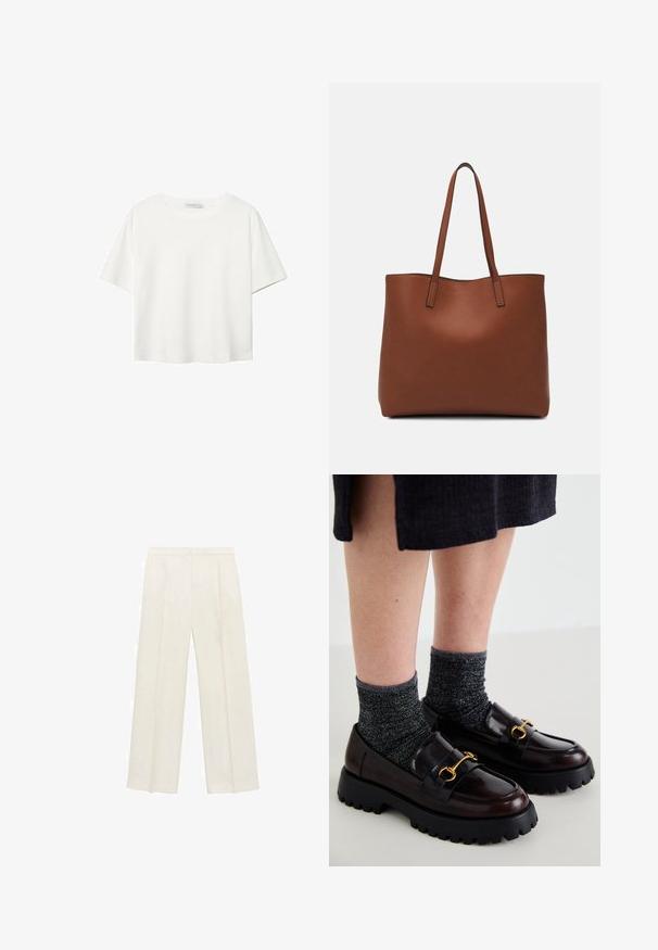 Biała koszulka z krótkim rękawem, wykonana z bawełny. Posiada okrągły dekolt i luźny krój. Gładka faktura bez widocznych wzorów czy akcentów.; Spodnie o szerokich nogawkach w jasnym kolorze kremowym. Wykonane z gładkiego materiału, z plisami z przodu i bocznymi kieszeniami.; Call it Spring CLUELESSS ciemnobrązowy; Brązowa skórzana torba tote o gładkiej fakturze, z otwartym wierzchem i dwoma ramiączkami. Charakteryzuje się minimalnym przeszyciem i brakiem widocznych elementów metalowych.