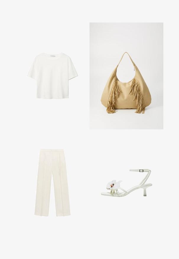 Bela kratka majica s kratkimi rokavi iz bombaža. Ima okroglo izrezovanje in sproščen kroj. Gladka tekstura brez vidnih vzorcev ali poudarkov.; Hlače širokih nogavic v svetli kremni barvi. Narejene iz gladkega materiala s plitkimi naborki spredaj in stranskimi žepi.; Bela sandala na peto iz teksturiranega materiala, z širokim cvetnim okrasom na prstu, tankimi trakovi in srednje visokim špicastim petkom.; Svetlo rjav suédni torba čez ramo z velikim odprtjem in dolgimi frinčami na obeh straneh, z gladko površino in enim ročajem.