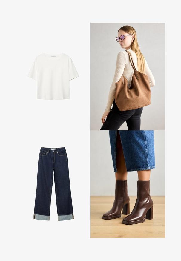 T-shirt blanc à manches courtes en coton. Doté d'un col ras du cou et d'une coupe décontractée. Texture lisse sans motifs ni accents visibles.; Jean large bleu foncé à taille haute, avec des ourlets roulés, des coutures contrastées et un design à cinq poches. Fabriqué en tissu en denim.; Jeffrey Campbell MAXIMAL-L2 - Bottines à plateau - dark cognac; Sac fourre-tout en daim marron avec une texture douce, grande ouverture et longues sangles. Présente un design simple avec des coutures visibles et sans matériel.