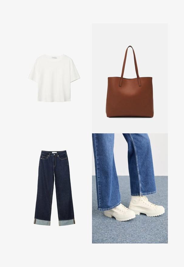 T-shirt bianco a maniche corte realizzato in cotone. Presenta un collo tondo e una vestibilità rilassata. Texture liscia senza motivi o dettagli visibili.; Jeans ampi di colore blu scuro con vita alta, dotati di risvolti, cuciture a contrasto e design a cinque tasche. Realizzati in tessuto denim.; Sneaker alta bianche con suole spesse e rigate e dettaglio del logo circolare, indossate con jeans di denim azzurro chiaro a gamba larga.; Borsa tote in pelle marrone con texture liscia, design con apertura superiore e due spallacci. Presenta cuciture minime e nessun hardware visibile.