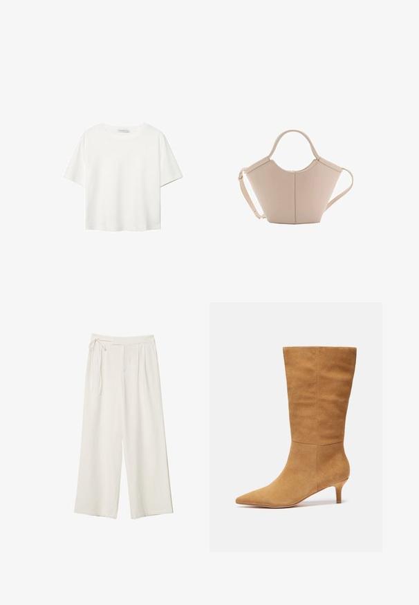 Valkoinen lyhythihainen T-paita, joka on tehty puuvillasta. Siinä on pyöreä kaula-aukko ja rento malli. Silkkinen pinta ilman näkyviä kuvioita tai koristeita.; Lepuh lebar dengan kain putih krem yang halus. Memiliki pinggang yang diikat dan bagian depan berlipit, dirancang untuk potongan yang santai.; Zign Saappaat - beige; Vaaleanbeige nahkainen käsilaukku, jossa on ainutlaatuinen muoto, varustettuna kahdella lyhyellä kahvalla ja yhdellä pitkällä säädettävällä hihnalla. Sujuva pinta ja vähän metalliosia.