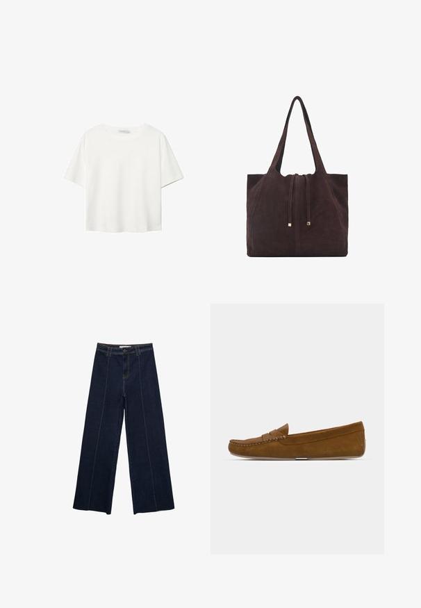Vit t-shirt med kort ärm i bomull. Har en rundad halsringning och en avslappnad passform. Slät textur utan synliga mönster eller detaljer.; Bredd-leg mörk denimbyxor med kontrastsöm, hög midja och rak passform. Har framfickor och en klassisk knappstängning.; Bruna mockaläder loafers med ett sömmar, platt sula och rund tå. Enkel design med ett litet dekorativt band över framsidan.; Mango Shoppingväska - dark brown