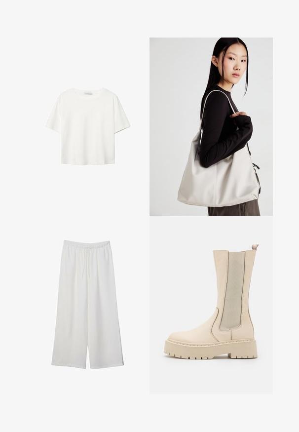 Weißes T-Shirt mit kurzen Ärmeln aus Baumwolle. Hat einen Rundhalsausschnitt und eine lockere Passform. Glatte Textur ohne sichtbare Muster oder Akzente.; Weiße, weit geschnittene Hosen aus leichtem Stoff, mit einem elastischen Bund und einem Zugband für eine verstellbare Passform. Glatte Textur.; Beige Knöchelstiefel mit einem strukturierten Lederoberteil, elastischen Seitenpaneelen und einer klobigen Plateausohle mit einem robusten Profildesign.; Beige Handtasche aus weichem Material, mit einem lässigen Design, gesteppten Details und zwei Schulterriemen. Geeignet für den täglichen Gebrauch.