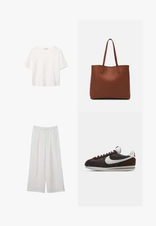 Biela krátkopsová tričko vyrobené z bavlny. Má okrúhly výstrih a voľný strih. Hladká textúra bez viditeľných vzorov alebo akcentov.; Biele široké nohavice z ľahkého materiálu s elastickým pásom a šnúrkou na nastavenie veľkosti. Hladká textúra.; Hnedé a šedé tenisky Nike s bielymi akcentmi; kožené a semišové materiály; textúrované podrážky; šedé šnúrky; klasický retro dizajn.; Hnedá kožená taška na rameno s hladkou textúrou, otvoreným vrchom a dvoma ramenými popruhmi. Má minimálne šitia a žiadne viditeľné kovania.