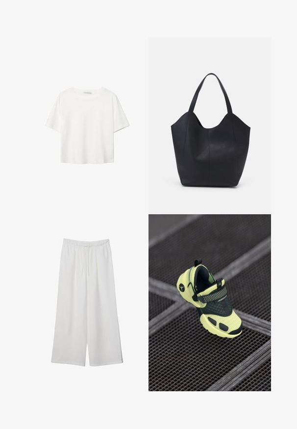 Biela krátkopsová tričko vyrobené z bavlny. Má okrúhly výstrih a voľný strih. Hladká textúra bez viditeľných vzorov alebo akcentov.; Biele široké nohavice z ľahkého materiálu s elastickým pásom a šnúrkou na nastavenie veľkosti. Hladká textúra.; Neón žlté a čierne Jordan tenisky s textúrou z sieťoviny, prešitým stredným dielom a páskom, umiestnené na kovovej mriežke.; Čierna taška s dlhým uchom vyrobená z hladkej kože, s oblým otvoreným vrchom a dvoma ramennými popruhmi, minimalistického dizajnu.