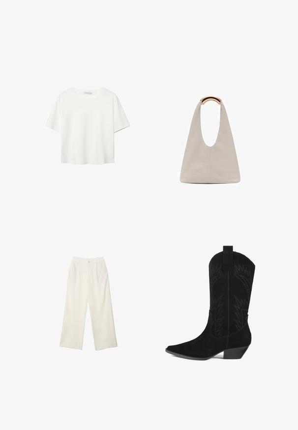 T-shirt blanc à manches courtes en coton. Doté d'un col ras du cou et d'une coupe décontractée. Texture lisse sans motifs ni accents visibles.; Pantalons à jambes larges en tissu crème avec une texture lisse, dotés d'un seul bouton à l'avant, de plis subtils et d'un design taille haute.; Botte de cowboy en daim noir avec un bout pointu, un tige de hauteur moyenne et des détails de couture en zigzag. Présente un talon bas et effilé.; Sac en cuir gris clair avec un design en forme de U et une poignée métallique courbée. Texture lisse avec un minimum de coutures et sans motifs visibles.