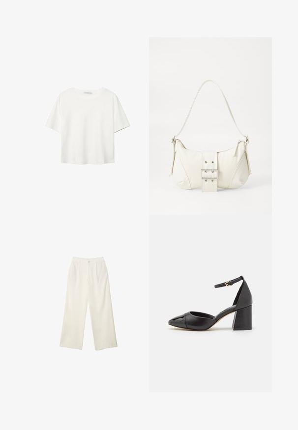 Biała koszulka z krótkim rękawem, wykonana z bawełny. Posiada okrągły dekolt i luźny krój. Gładka faktura bez widocznych wzorów czy akcentów.; Spodnie z szerokimi nogawkami w kremowej tkaninie o gładkiej fakturze, z pojedynczym guzikiem z przodu, subtelnymi plisami i wysokim stanem.; Czarny skórzany but na obcasie z paskiem wokół kostki, spiczastym noskiem i słupkowym obcasem. Gładkie wykończenie z fakturowanym czubkiem.; Biała torebka na ramię o fakturowanym wykończeniu, z centralnym akcentem w postaci klamry i zaokrąglonym kształcie. Zapięcia na zamek błyskawiczny po obu stronach.