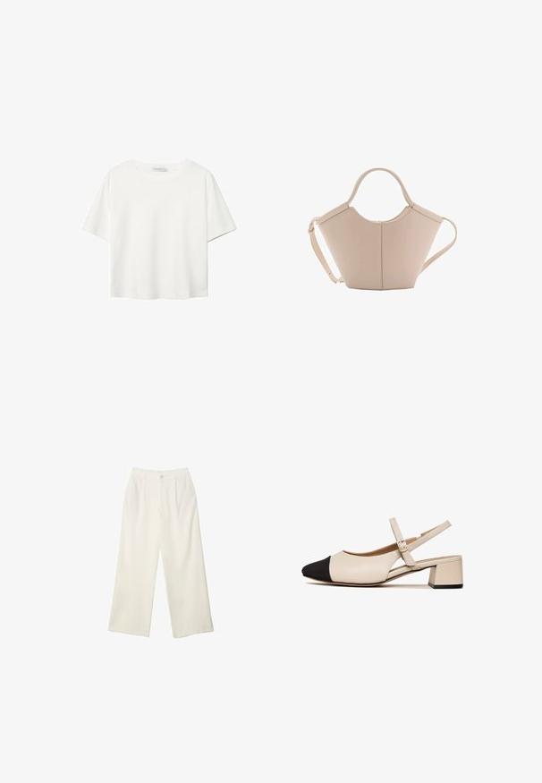 Bijela majica kratkih rukava od pamuka. Ima okrugli izrez i opušteni kroj. Glatka tekstura bez vidljivih uzoraka ili naglasaka.; Hlače širokih nogavica od kremaste tkanine s glatkom teksturom, s jednim prednjim gumbom, suptilnim plitvicama i visokim strukom.; Bež kožne cipele s remenom oko pete, s crnim vrhom, kvadratnim potplatom i podesivim remenčićem oko gležnja. Glatka tekstura i minimalistički dizajn.; Bež kožna torba jedinstvenog oblika, s dva kratka ručka i dugom podesivom trakom. Glatka tekstura s minimalnim metalnim dodacima.