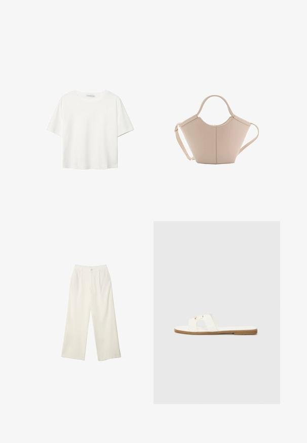 Weißes T-Shirt mit kurzen Ärmeln aus Baumwolle. Hat einen Rundhalsausschnitt und eine lockere Passform. Glatte Textur ohne sichtbare Muster oder Akzente.; Helle Stoffhose mit weitem Bein und glatter Textur, ausgestattet mit einem einzelnen Knopf vorne, dezenten Falten und einem Hochbund-Design.; Weiße flache Riemensandale mit minimalistischem Design, ausgestattet mit zwei überkreuzten Riemen und goldfarbigen Hardware-Akzenten auf einer braunen Sohle.; Beige Lederhandtasche mit einer einzigartigen Form, die zwei kurze Henkel und einen langen verstellbaren Riemen aufweist. Glatte Textur mit minimalen Hardware-Elementen.