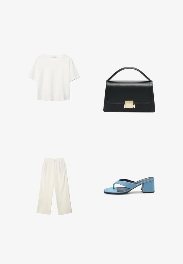 Hvid kortærmet t-shirt lavet af bomuld. Har en rund halsudskæring og en afslappet pasform. Glat tekstur uden synlige mønstre eller detaljer.; Bredde bukser i cremefarvet stof med en glat tekstur, der har en enkelt knap foran, diskrete folder og design med høj talje.; Lyseblå hælede sandaler med et glat materiale, åben tå og et trekantet stropdesign. Tyk blokhæls for stabilitet.; Sort læderhandtaske med et struktureret design, topbærerhåndtag og en detalje i guldfarvet metalklap på fronten. Glat tekstur, minimal syning.