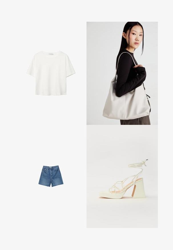Bílý krátký rukáv tričko vyrobené z bavlny. Má kulatý výstřih a volný střih. Hladký materiál bez viditelných vzorů nebo akcentů.; Denimové šortky ve středně modrém praní, s klasickým pětipocket designem, poutky na opasek a zapínáním na zip s knoflíkem.; Bílé sandály na vysokém podpatku s robustním podpatkem, s designem s pásky a zavazováním kolem kotníku. Hladký povrch s platformou vpředu pro zvýšení výšky.; Beige kabelka vyrobená z měkkého materiálu, s volným designem, prošívanými detaily a dvěma ramenními popruhy. Vhodná pro každodenní použití.