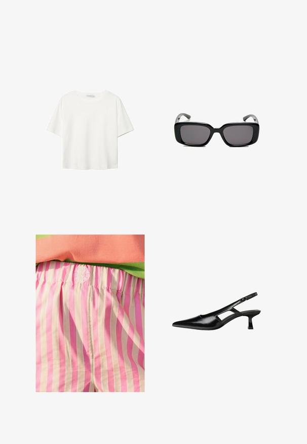 Hvid kortærmet t-shirt lavet af bomuld. Har en rund halsudskæring og en afslappet pasform. Glat tekstur uden synlige mønstre eller detaljer.; Lyserøde og creme-stribede stofshorts med elastisk talje. Har broderet logo detaljer på taljen. Glat tekstur.; Sorte patentlæder slingback hæle med spids tå, udskåret sideskærm og en lille firkantet hæl. Glat tekstur med minimale detaljer.; Sorte rektangulære solbriller med mørke linser, glat plastikramme og buede stænger. Designet er klodset med en minimalistisk æstetik.