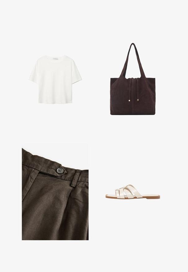 Hvid kortærmet t-shirt lavet af bomuld. Har en rund halsudskæring og en afslappet pasform. Glat tekstur uden synlige mønstre eller detaljer.; Brune linnedresser med knaplukning, folder foran og et struktureret stof. Livet er formet med synlige sømme.; Flade sandaler med en lys gummisål, designet med tre overlappende hvide læderremme og en lille sløjfe detalje i midten.; Mango Shopping bags - dark brown