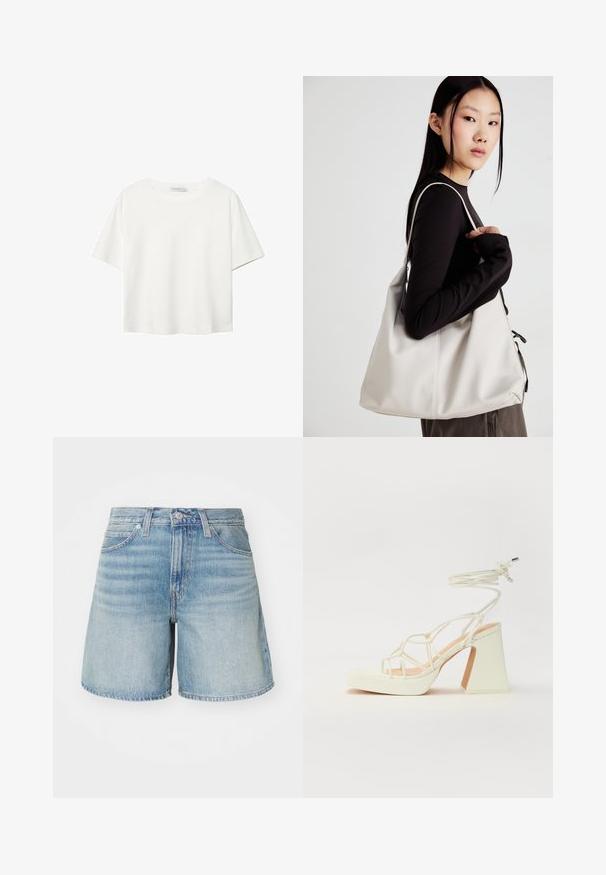 Weißes T-Shirt mit kurzen Ärmeln aus Baumwolle. Hat einen Rundhalsausschnitt und eine lockere Passform. Glatte Textur ohne sichtbare Muster oder Akzente.; Hellblaue Denim-Shorts mit geradem Schnitt, fünf Taschen, Gürtelschlaufen und einem leicht ausgefransten Saum. Klassische Jeansstruktur und -oberfläche.; Weiße High-Heel-Sandale mit einem klobigen Absatz, die über ein Riemchendesign und ein Knöchelband verfügt. Glatte Textur mit einer Plattform vorne für zusätzliche Höhe.; Beige Handtasche aus weichem Material, mit einem lässigen Design, gesteppten Details und zwei Schulterriemen. Geeignet für den täglichen Gebrauch.