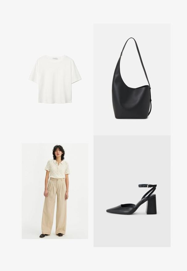 Hvid kortærmet t-shirt lavet af bomuld. Har en rund halsudskæring og en afslappet pasform. Glat tekstur uden synlige mønstre eller detaljer.; Beige brede bukser med høj talje og læg, kombineret med en cremefarvet, struktureret, kortærmet strik cardigan. Sorte sko.; Sort læder spidse pumps med ankelrem og en chunky hæl. Flad tekstur, slankt design og minimalistisk æstetik.; Sort læder hobo taske med en glat overflade, buet form og en enkelt justerbar rem; har en bred åbning øverst.