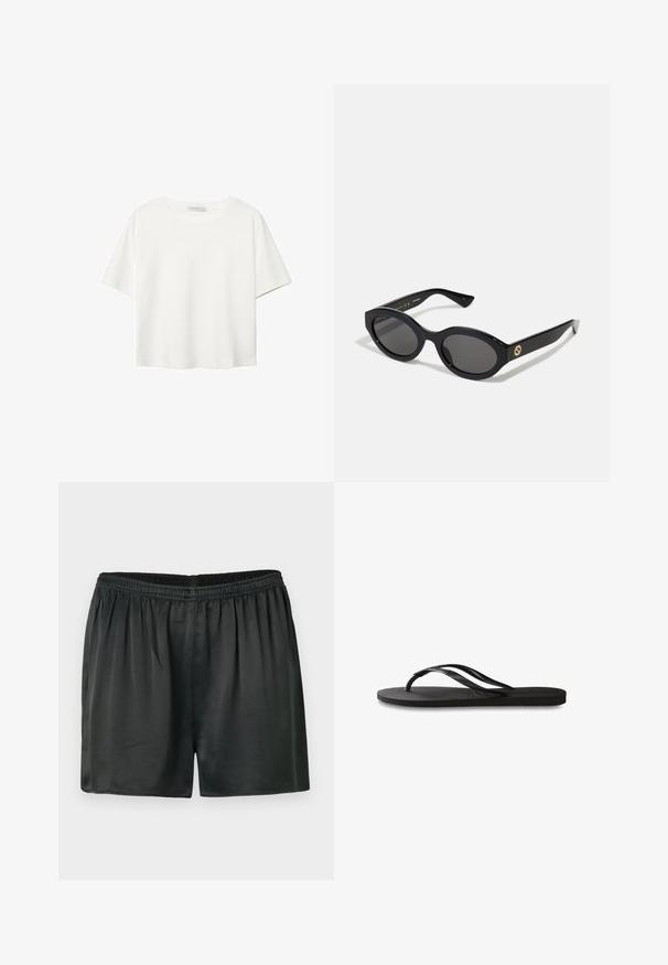 Biela krátkopsová tričko vyrobené z bavlny. Má okrúhly výstrih a voľný strih. Hladká textúra bez viditeľných vzorov alebo akcentov.; Čierne saténové šortky s elastickým pásom, s hladkou textúrou a voľným strihom. Bez viditeľných vreciek alebo ozdôb.; Čierne žabky s textúrovanou gumovou podrážkou, dvoma štíhlymi popruhmi a diskrétnym embosovaným logom na popruhu.; Čierne oválne slnečné okuliare s tmavými sklami a lesklým plastovým rámom. Obsahujú zlaté logo na stráne, čo im dáva elegantný a moderný dizajn.; Čierna kožená kabelka so štruktúrovaným obdĺžnikovým tvarom. Obsahuje zlaté oválne zapínanie a tenký ramenný popruh. Hladká textura.